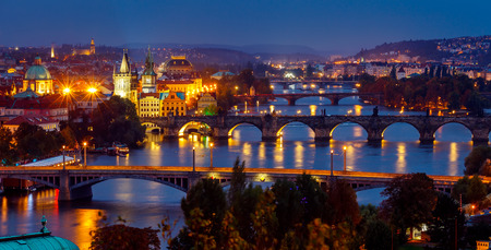 Evening over river Vltava near Charles bridge in Prague, Czech republicの写真素材