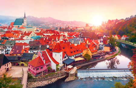 Cesky Krumlov river Vltava autumn Czech Republicの写真素材