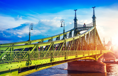 Road at Freedom bridge on Danube river in Budapest city, Hungaryの写真素材