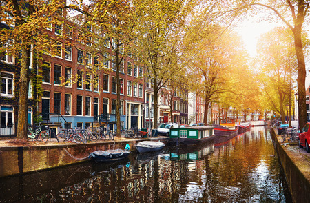 Typical canal view in Amsterdamの写真素材