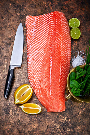 Fillet salmon fresh fish with spicy herb knife and spice on metallic surface top view.の写真素材