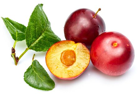 Fresh plum in cut with green leaf. Fruity still life. Healthy food. Isolated on white background.の写真素材