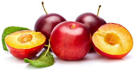 Fresh plum in cut with green leaf. Fruity still life. Healthy food. Isolated on white background.の写真素材