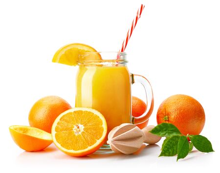 Fresh orange juice with fruit and green leaves in glass can straw wooden juicer stick, isolated on whiteの写真素材