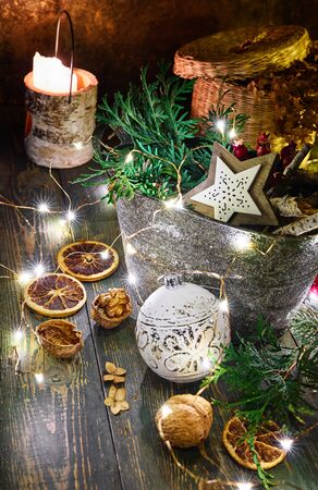 Christmas holiday decoration with fir, balls and garland.の写真素材
