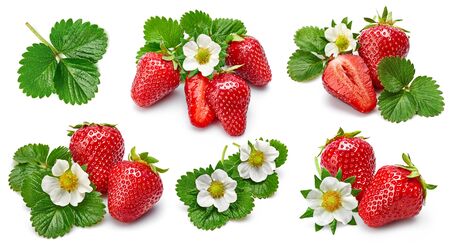 Set berry strawberry and raspberry with green leaves, isolated on white background.の写真素材