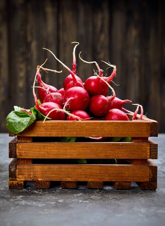 Bunch radish in wooden box at background old board in rustic style. Close-up side view. Harvest fresh organic vegetables.の写真素材