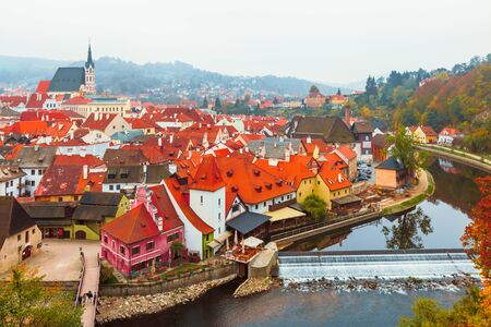 Cesky Krumlov river Vltava autumn Czech Republic.の写真素材