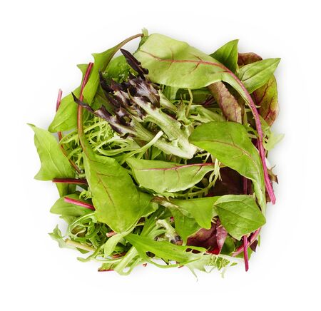 Leaves mix lettuce. Top view. Vegetable still life. Healthy eating. Isolated on white background.の写真素材