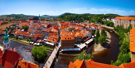 Czech Krumlov Czech Republic. View at old european town and river Vltava. Travel and landmark panorama.の写真素材