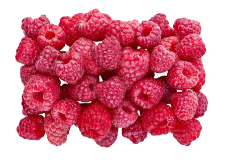 Ripe Raspberries. Sweet fresh berries isolated on white background. Top view close up. Organic...