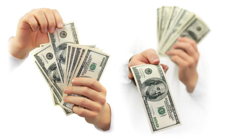 Collage mix set of dollars cash money in the hands. Business concept isolated on white background