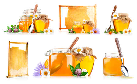 Set of sweet honey in glass jars with spoon and flowers isolated on white backgroundの写真素材