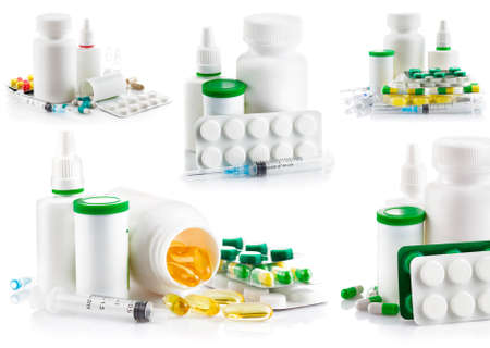 Collage mix of preparation in pill and capsule isolated on white backgroundの写真素材