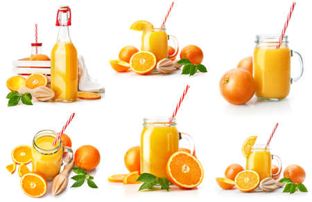Collage mix set of Fresh orange juice with fruit and green leaves in glass can straw, isolated on white background clipping path included.の写真素材