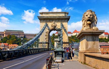 Chain bridge in Budapest, Hungary. View at Royal castle at Buda district over Danube river. Antique Lion statue along road and stone arcs. Summer urban landscape with blue sky and clouds.の写真素材
