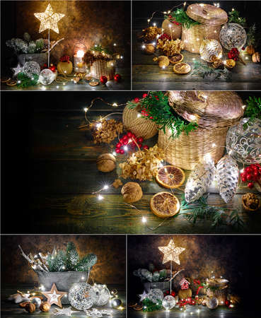 Collage mix set of Christmas holiday decoration with shining star, fir, snow, balls and vintage toys with garland. Magical fairy-tale rustic composition with festive illumination on grunge and wooden board background.の写真素材