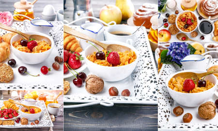 Collage mix set of Breakfast with cornflakes berry honey and croissant on wooden board white tray.の写真素材