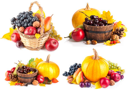Collage mix set of autumnal fruit in basket isolated on white background.の写真素材