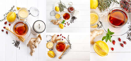 Collage mix set of Ginger tea with lemon honey Rose Hip and thyme at white wooden board in rustic style. Top view.の写真素材