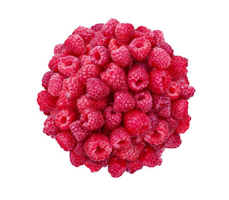Ripe Raspberries. Sweet fresh berries isolated on white background with soft shadow. Top view close up. Organic natural food for healthy eating. Ingredient for Food Packagion Design.の写真素材