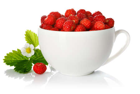 Berry wild strawberry in cup with green leaf and flower. Fruity still life. Healthy eating. Isolated on white background.の写真素材