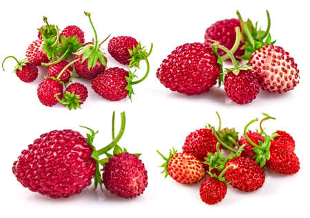 Collage mix set of Berry wild strawberry with green leaves handful fresh strawberries healthy food, isolated on white background.の写真素材