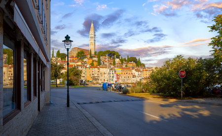 Morning in antique town Rovinj, Istria, Croatia. View at village in sunshine. Road in shade and street lamp. High tower on hill with age-old Mediterranean houses.の写真素材