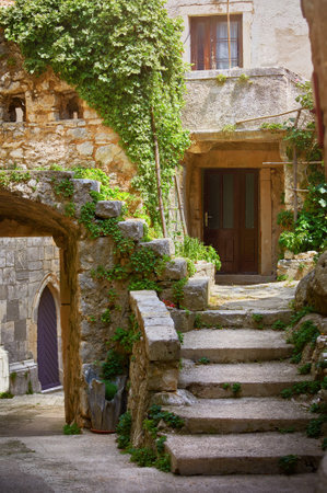 Croatia Istria. Ancient abandoned medieval town Plomin. Old stone street with ruined walls houses and stairs overgrown by ivy plants.の写真素材
