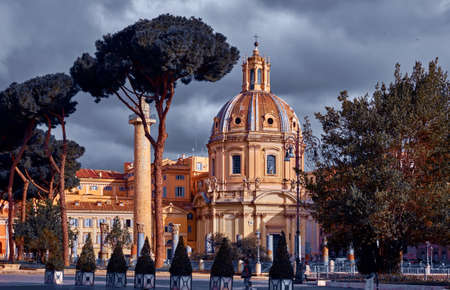 Roman Forum in Rome, Italy. Antique structures with columns and archs. Wrecks of ancient italian roman town. Church of Santi Luca e Martina. Sunrise above famous architectural landmark.の写真素材