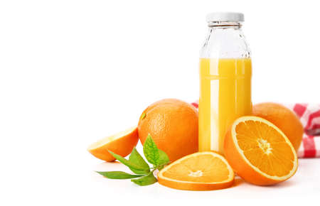 Fresh orange juice with fruit and green leaves in glass can straw wooden juicer stick, isolated on white background clipping path included.の写真素材