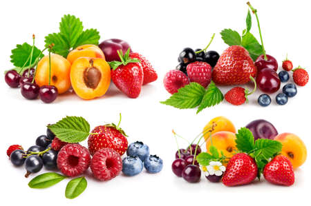 Collage mix set of Fresh berries and fruits in still life with green leaves strawberry, apricot, cherry, plum isolated on white backgroundの写真素材