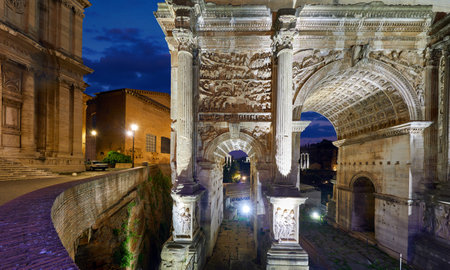 Roman Forum in Rome, Italy. Antique structures with columns. Wrecks of ancient italian roman town. Sunrise above famous architectural landmark.の写真素材