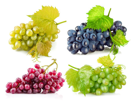 Collage mix set of Cluster fresh grapes ripe fruit. Isolated on white backgroundの写真素材