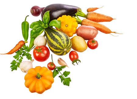 Organic farm Vegetables. Fresh fruits and vegetables, herbs still life top view, isolated on white backgroundの写真素材