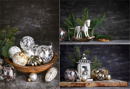 Collage mix set of Christmas card with vintage wooden horse decoration for christmas tree at old boardの写真素材
