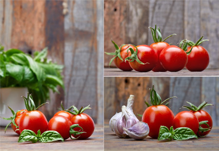 Collage mix set of Fresh tomatoes with leaf basil at old wooden board in rustic style. Vegetable still life harvest.の写真素材