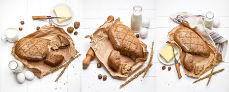 Collage mix set of Fresh bread with crispy crust butter and milk at white wooden board in rustic style top view copyspace.の写真素材