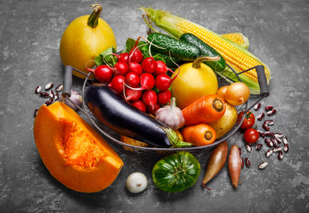 Harvest vegetables with herb kitchen garden on grey concrete surface top view. Healthy food and vegan food still life garden inventory.の写真素材