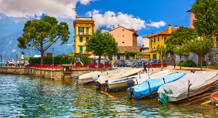 Bellagio, Lombardy, Como lake, Italy. Famous Italian village and popular European travel destination for vacation. Summer scenery como town landscape with boats. Sunny summer day.の写真素材