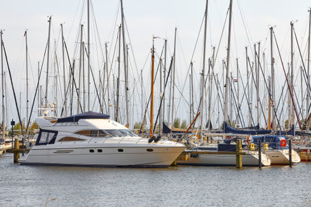 Marine port in Volendam, Netherlands. Luxury yachts in the sea bay.