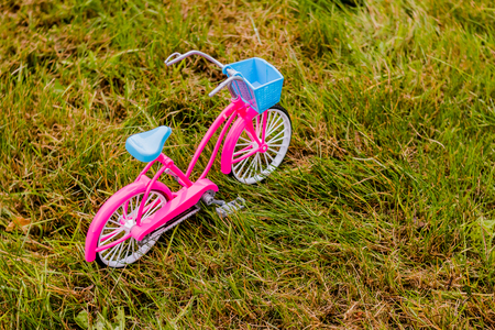 Small,decorative, Stylish, pink, female bike. Kids toys. Bicycle toy for dolls. A bicycle for kid in pink color. A pink bike with training wheels. bike model on grass. Active sport life conceptの写真素材