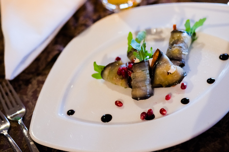 roasted eggplant rolls with walnut paste decorated with cilantro and pomegranate seeds.salad of fried eggplant.rolls of fried eggplant with cottage cheese and pomegranate seedsの写真素材