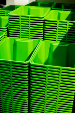 A stack of green plastic buckets. Selective focus.plastic containers.shopping mall. Vertical image
