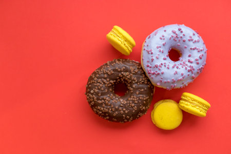 Seamless pattern made of macaroon and donut on the red background. Flat lay. Food concept. Unhealthy...