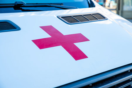 RUSSIA, Saint Petersburg,September 21, 2018.the red cross on the white hood of the ambulance.family...