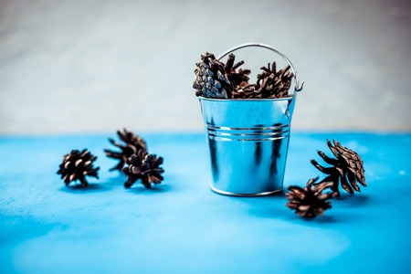 Decorative christmas composition isolated on blue background.PINE CONES IN A METAL BUCKET.decoration for Chrismas season.Childrens art project. DIY concept. Interior concept.の写真素材