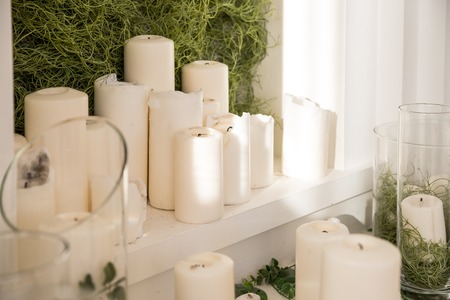 Many candles and flower petals to celebrate the wedding ceremony.の写真素材