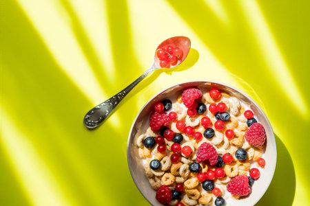 Healthy breakfast with berries,dried fruits, nuts, cereals top view copy space.cornflakes with...