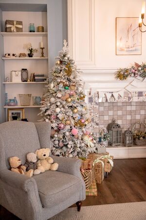 02.02.2019, Saint-Petersburg, Russia.beautiful modern design of the room in delicate light colors decorated with Christmas tree and decorative elementsのeditorial素材